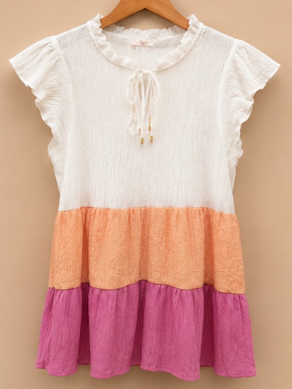 Hailey & Co Colorblock Babydoll Top Size Large White Peach Pink Ruffle Sleeve